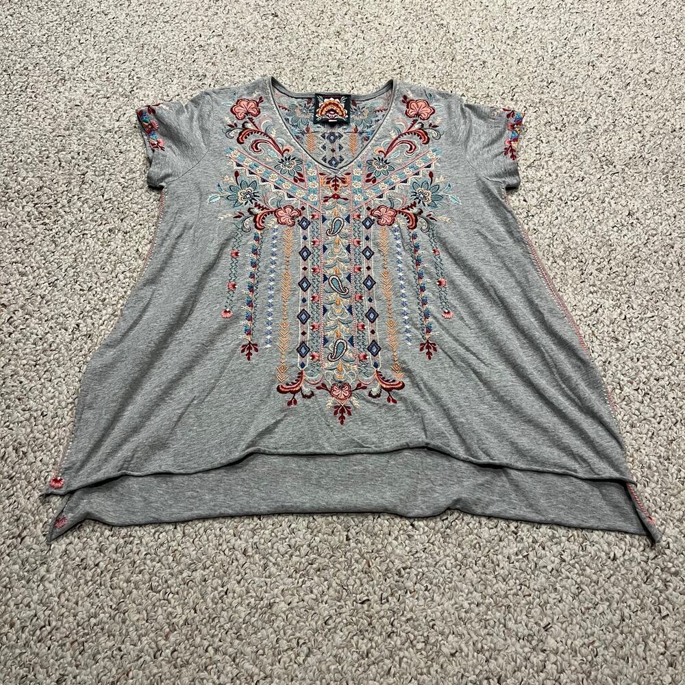 Johnny Was Embroidered Boho V Neck Tunic Top M Gray Colorful Cotton Maximalist